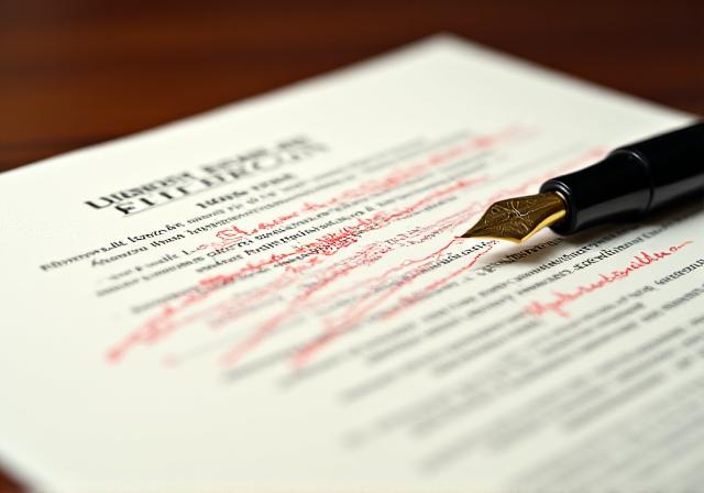 Close up of a legal document with professional red-lining and annotations