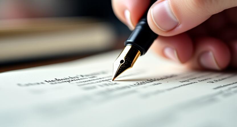 Close-up of a legal professional reviewing a contract with a fountain pen